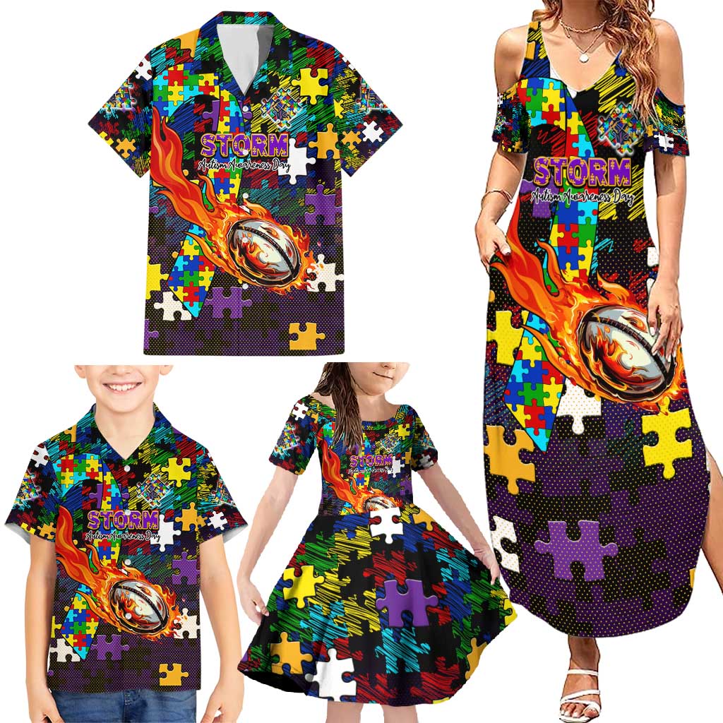 Storm Autism Awareness Family Matching Summer Maxi Dress and Hawaiian Shirt Puzzle Flames Rugby Ball