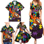 Storm Autism Awareness Family Matching Summer Maxi Dress and Hawaiian Shirt Puzzle Flames Rugby Ball