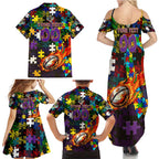 Storm Autism Awareness Family Matching Summer Maxi Dress and Hawaiian Shirt Puzzle Flames Rugby Ball