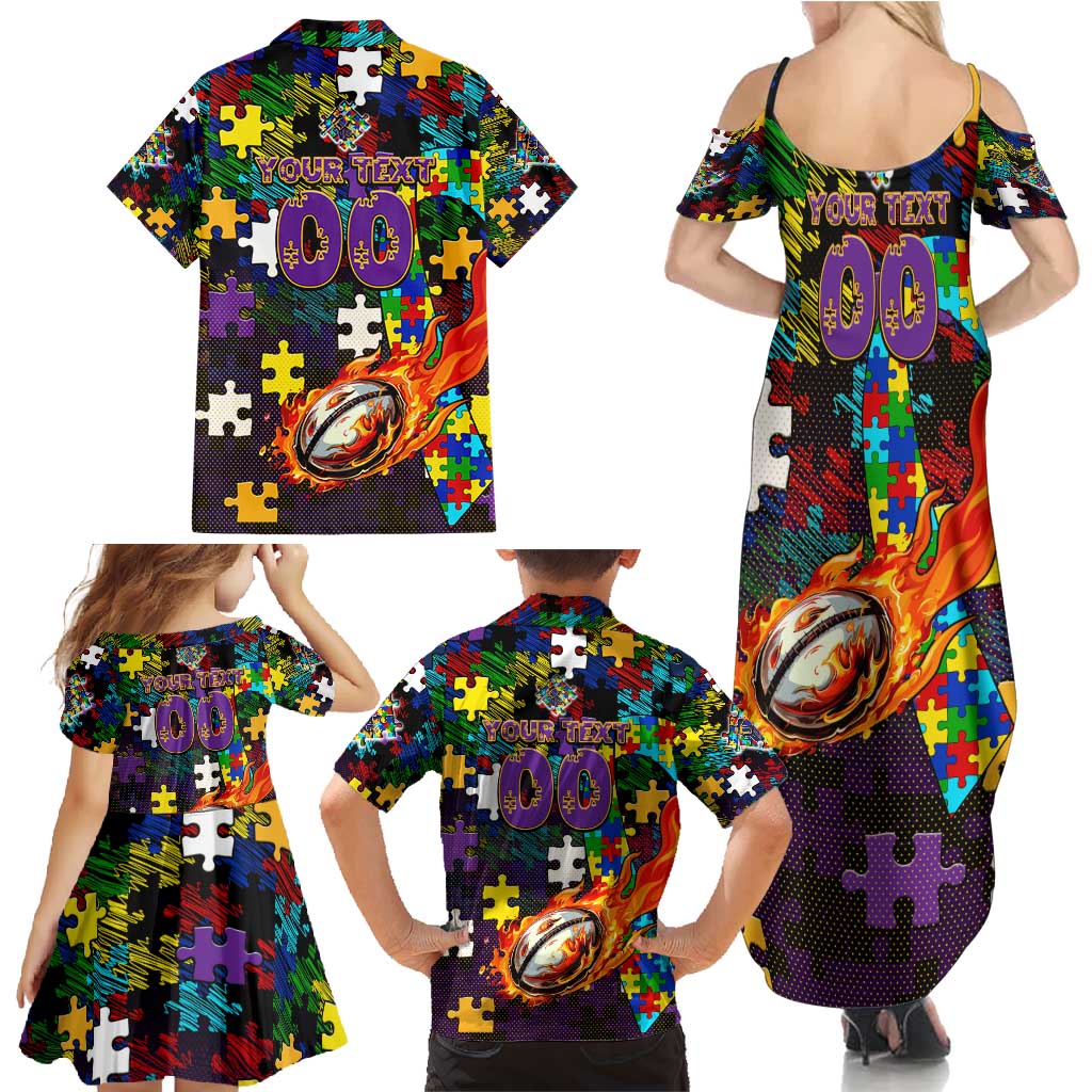 Storm Autism Awareness Family Matching Summer Maxi Dress and Hawaiian Shirt Puzzle Flames Rugby Ball