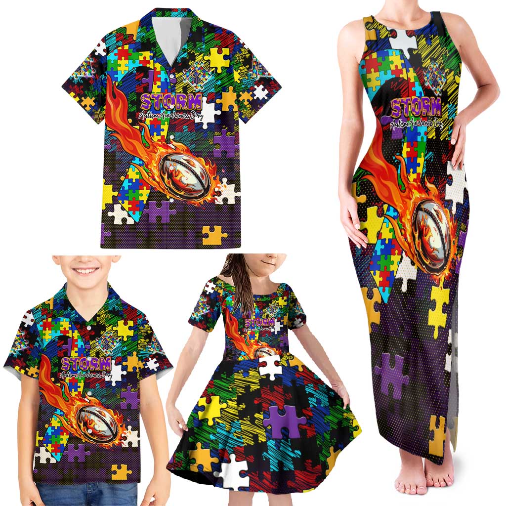 Storm Autism Awareness Family Matching Tank Maxi Dress and Hawaiian Shirt Puzzle Flames Rugby Ball