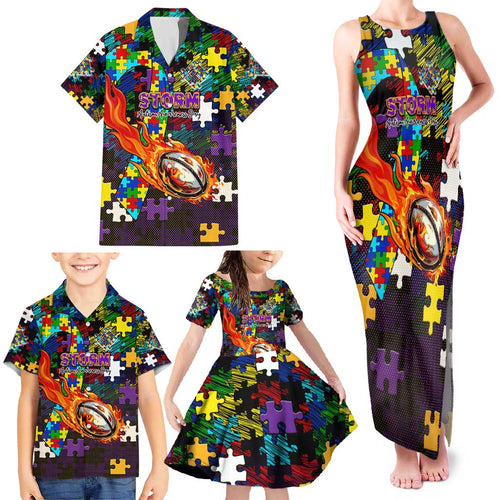 Storm Autism Awareness Family Matching Tank Maxi Dress and Hawaiian Shirt Puzzle Flames Rugby Ball