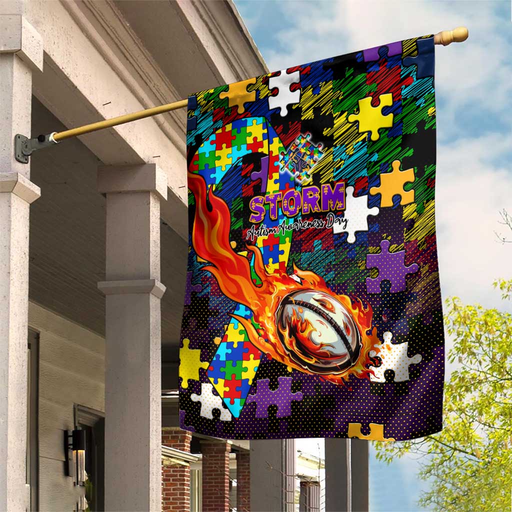 Storm Autism Awareness Garden Flag Puzzle Flames Rugby Ball