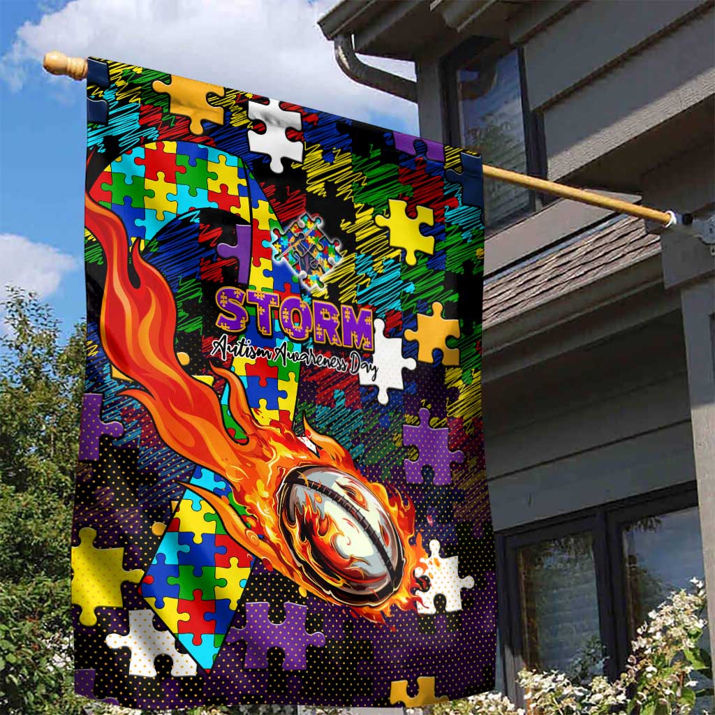 Storm Autism Awareness Garden Flag Puzzle Flames Rugby Ball