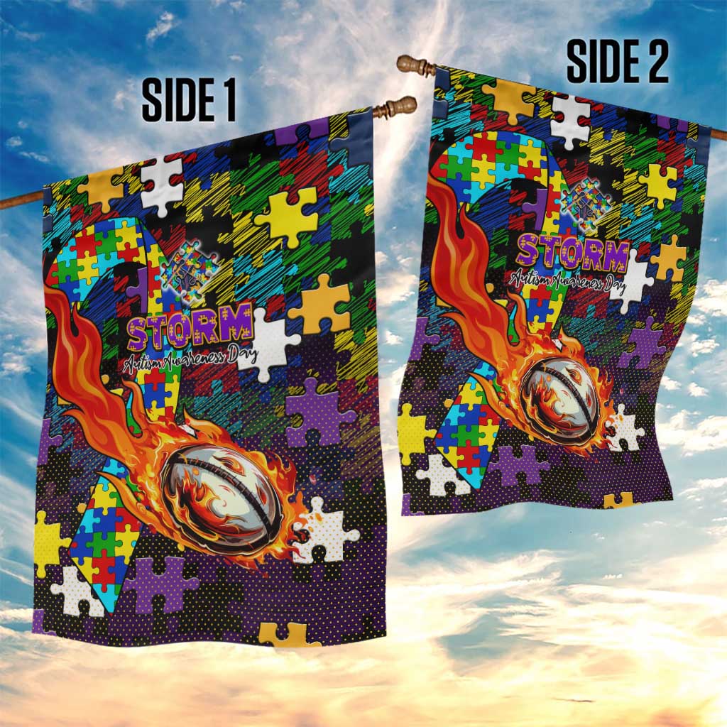 Storm Autism Awareness Garden Flag Puzzle Flames Rugby Ball