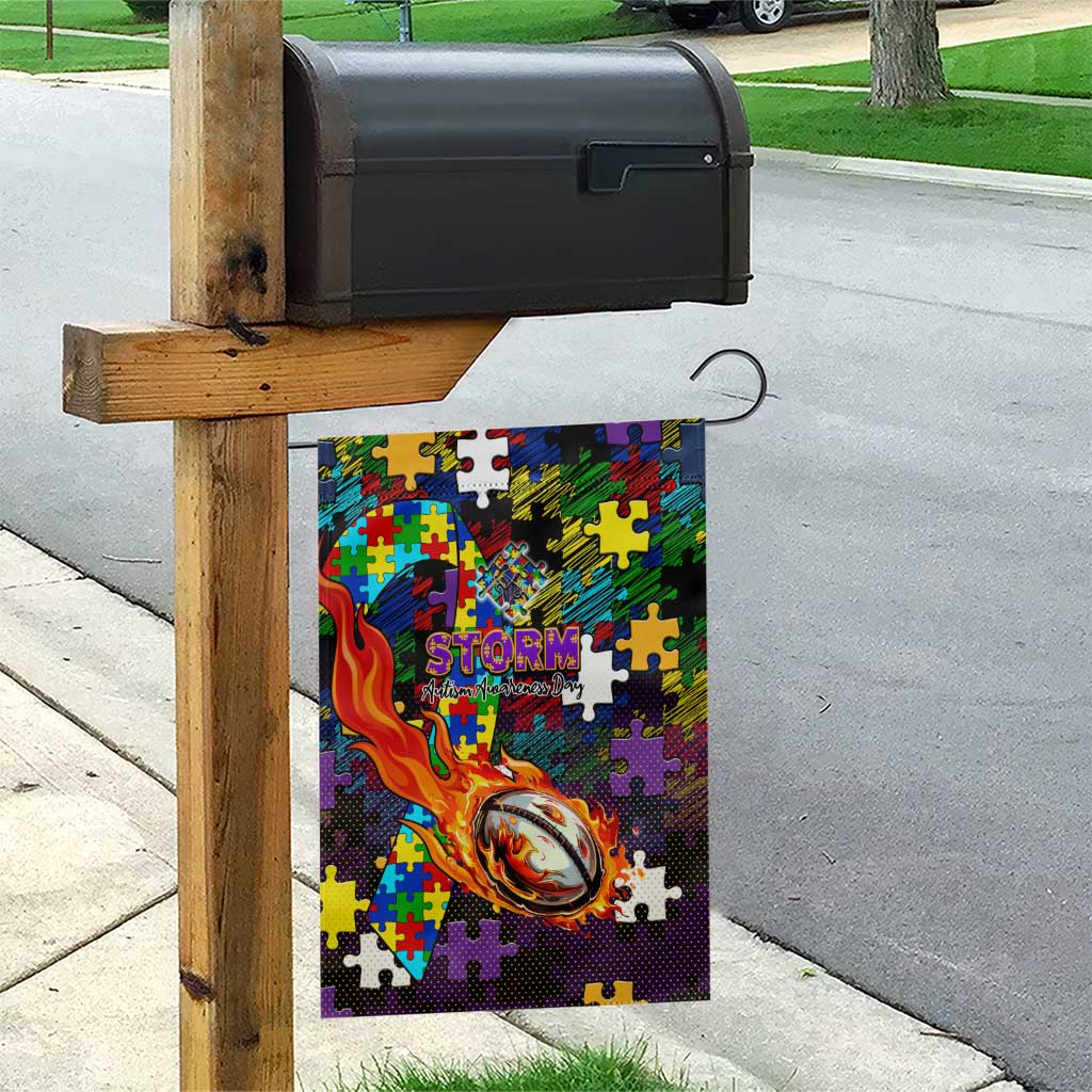 Storm Autism Awareness Garden Flag Puzzle Flames Rugby Ball