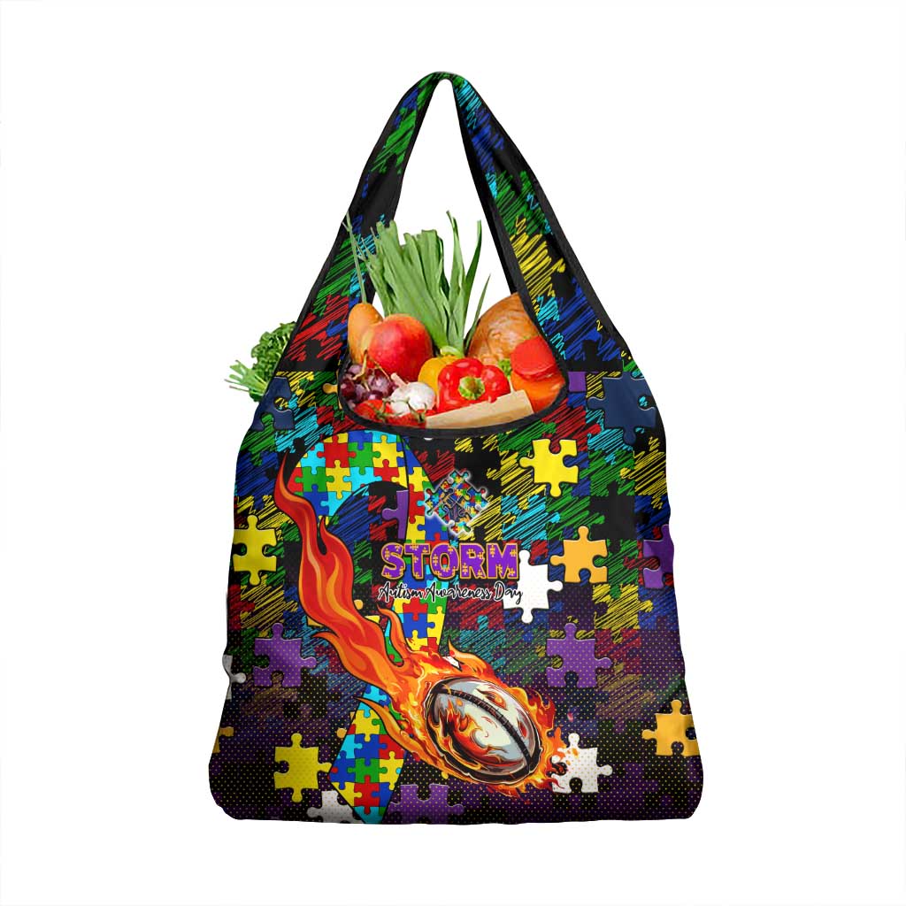 Storm Autism Awareness Grocery Bag Puzzle Flames Rugby Ball