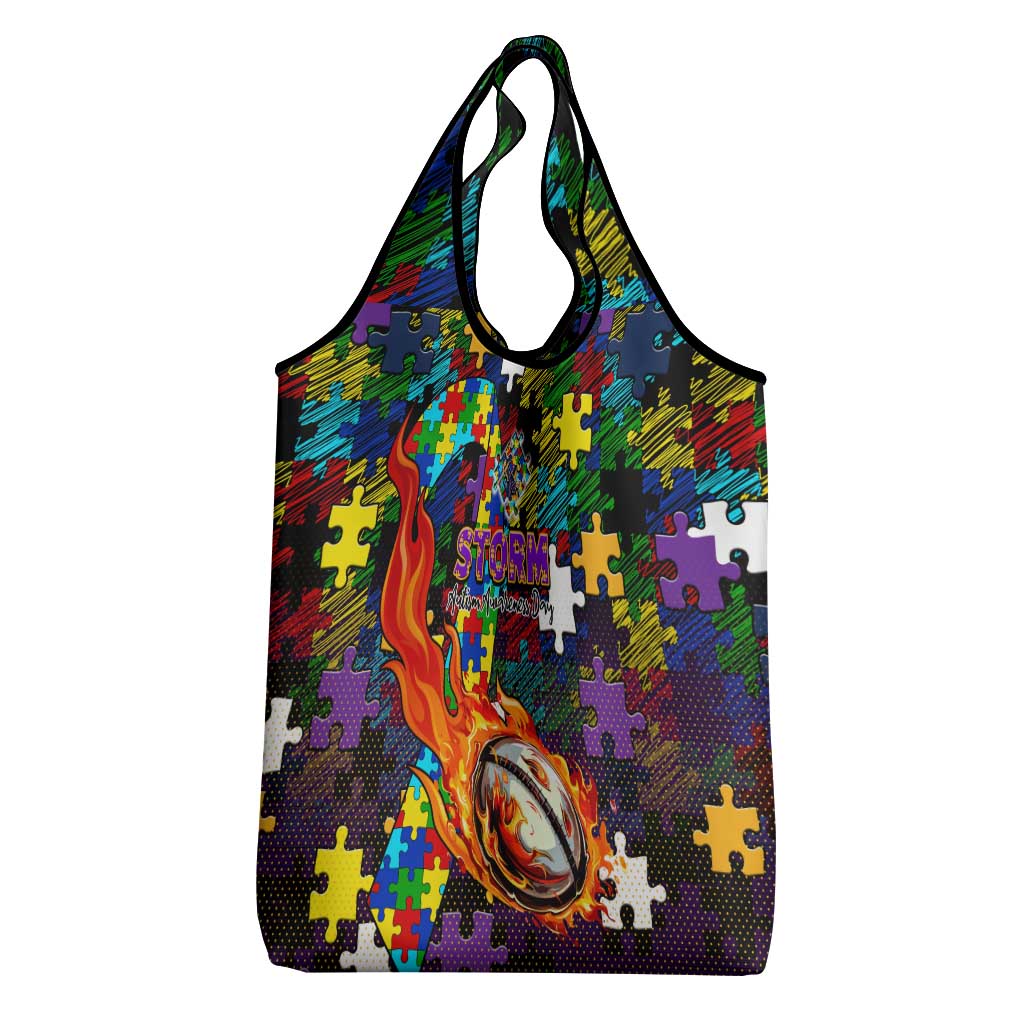 Storm Autism Awareness Grocery Bag Puzzle Flames Rugby Ball