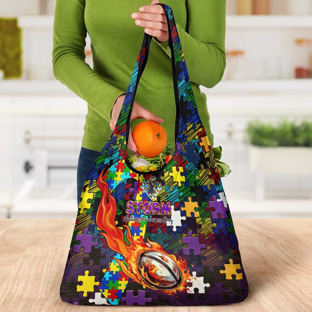 Storm Autism Awareness Grocery Bag Puzzle Flames Rugby Ball