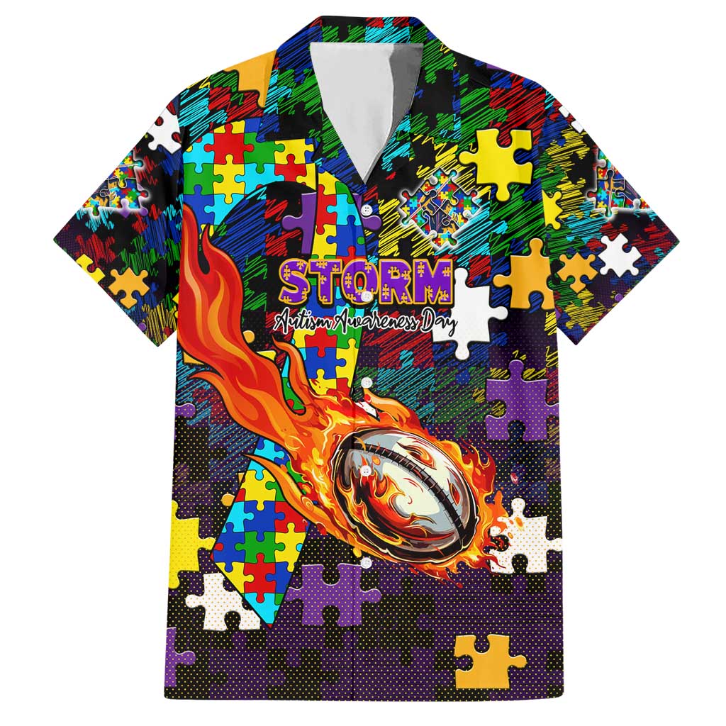 Storm Autism Awareness Hawaiian Shirt Puzzle Flames Rugby Ball