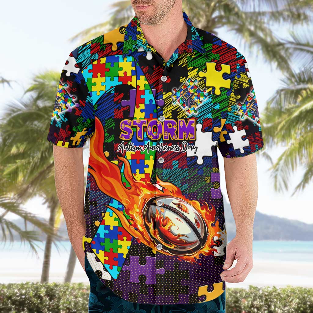 Storm Autism Awareness Hawaiian Shirt Puzzle Flames Rugby Ball