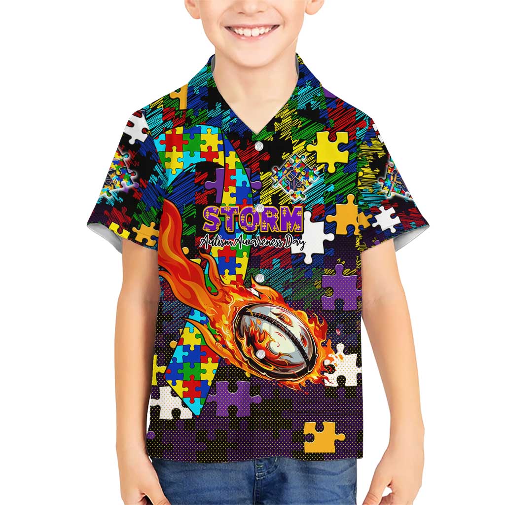 Storm Autism Awareness Hawaiian Shirt Puzzle Flames Rugby Ball