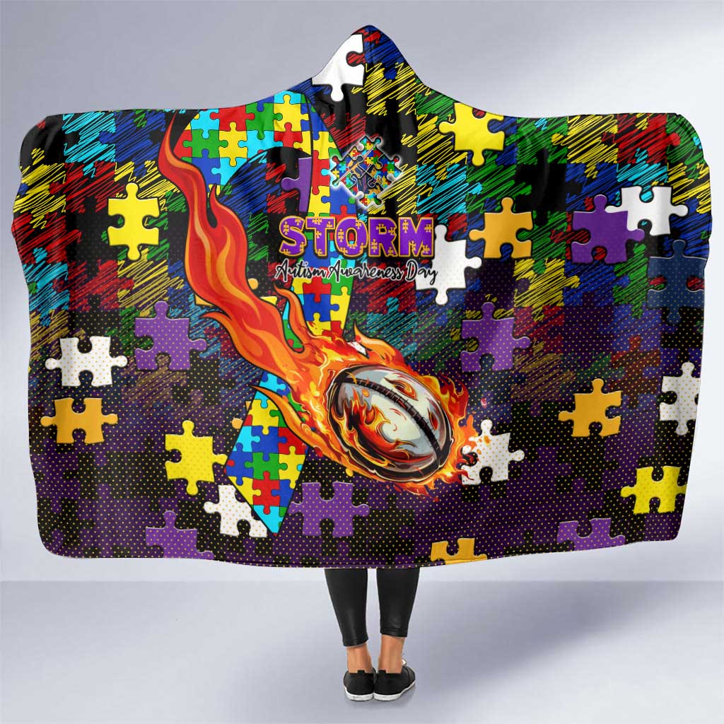 Storm Autism Awareness Hooded Blanket Puzzle Flames Rugby Ball