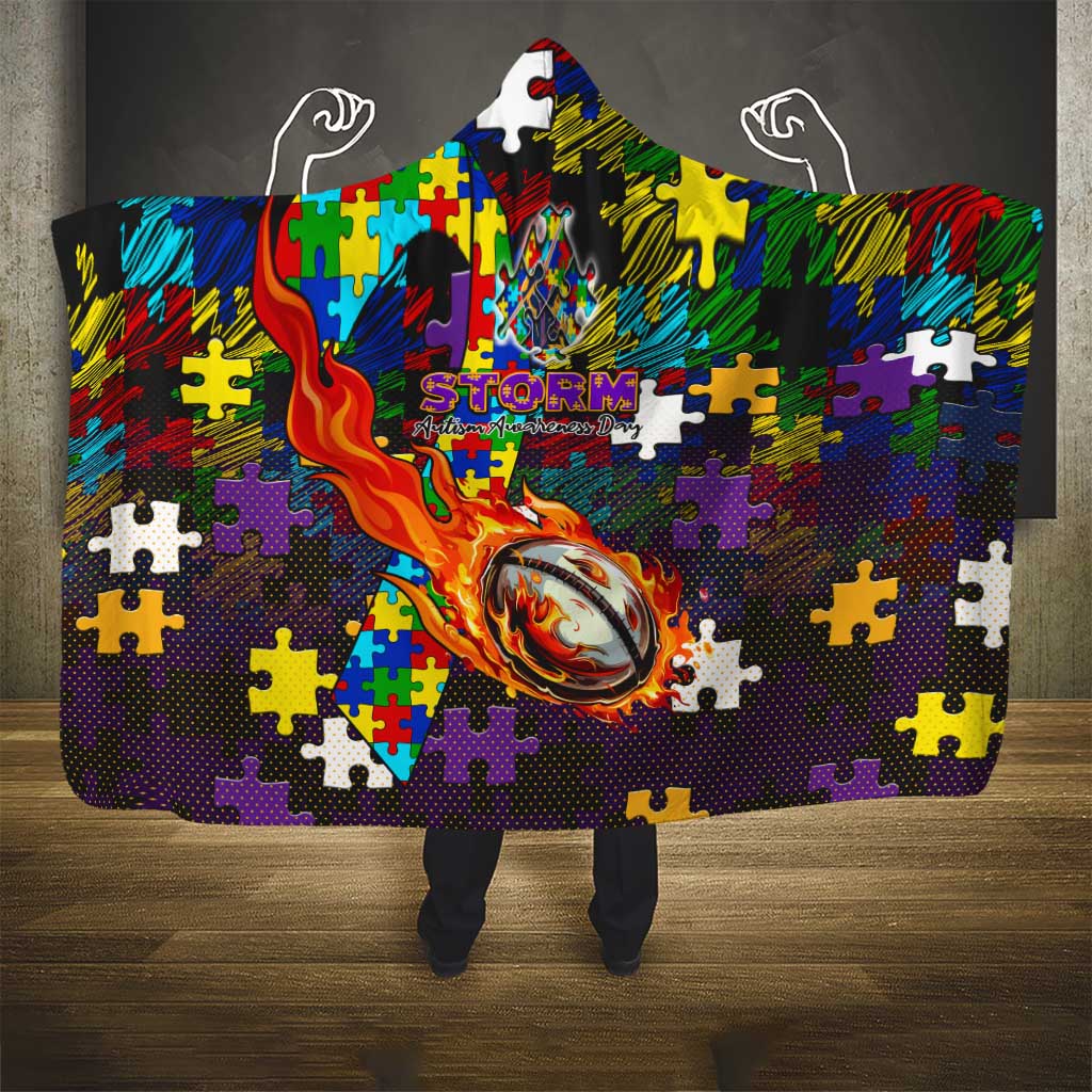 Storm Autism Awareness Hooded Blanket Puzzle Flames Rugby Ball