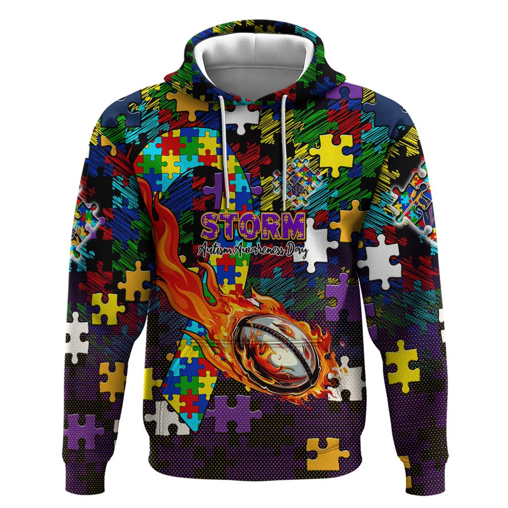 Storm Autism Awareness Hoodie Puzzle Flames Rugby Ball