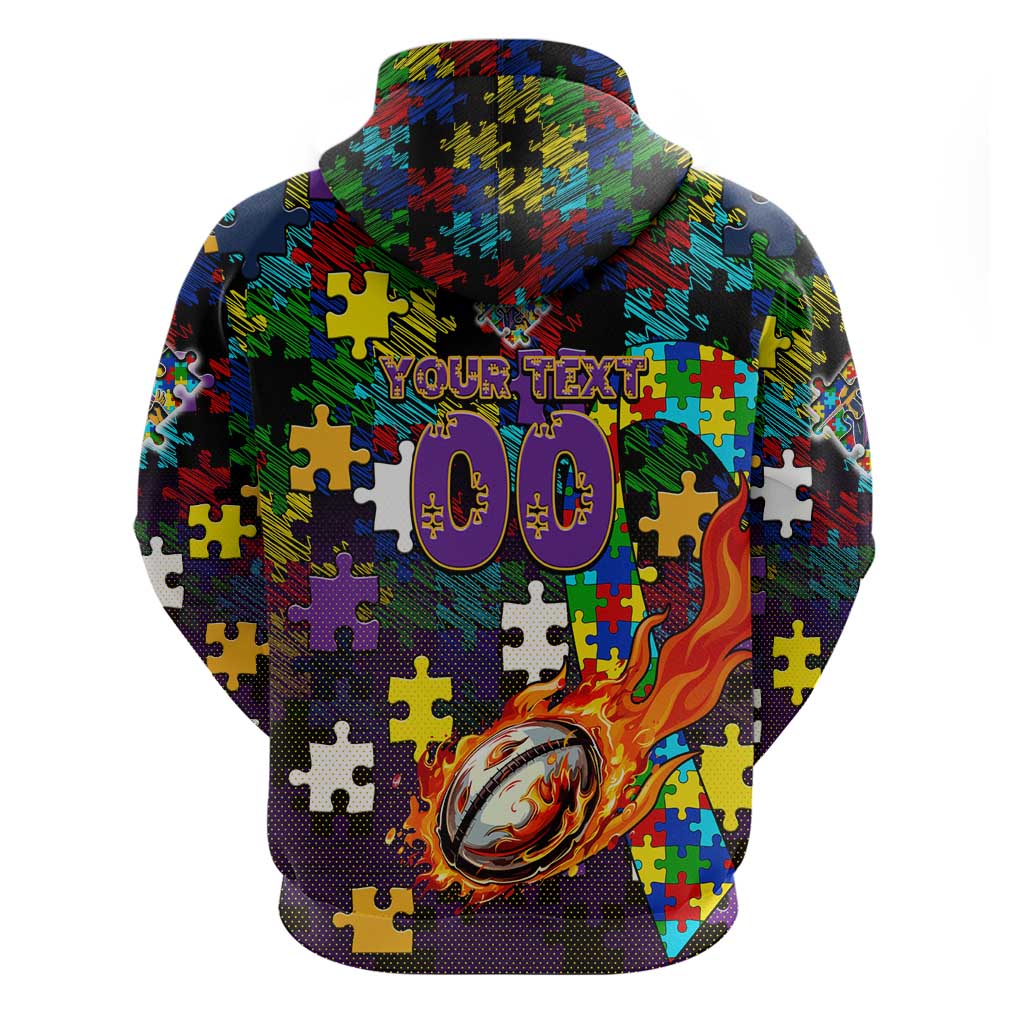 Storm Autism Awareness Hoodie Puzzle Flames Rugby Ball