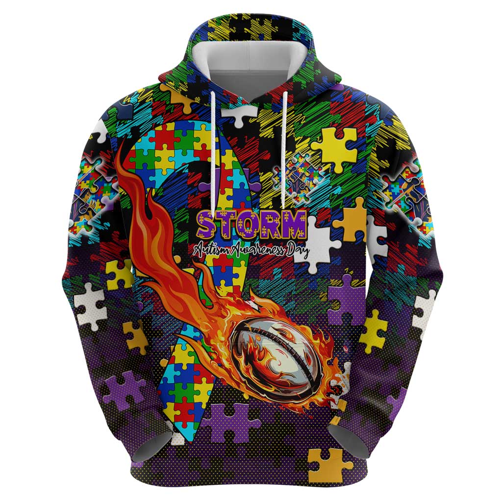 Storm Autism Awareness Hoodie Puzzle Flames Rugby Ball