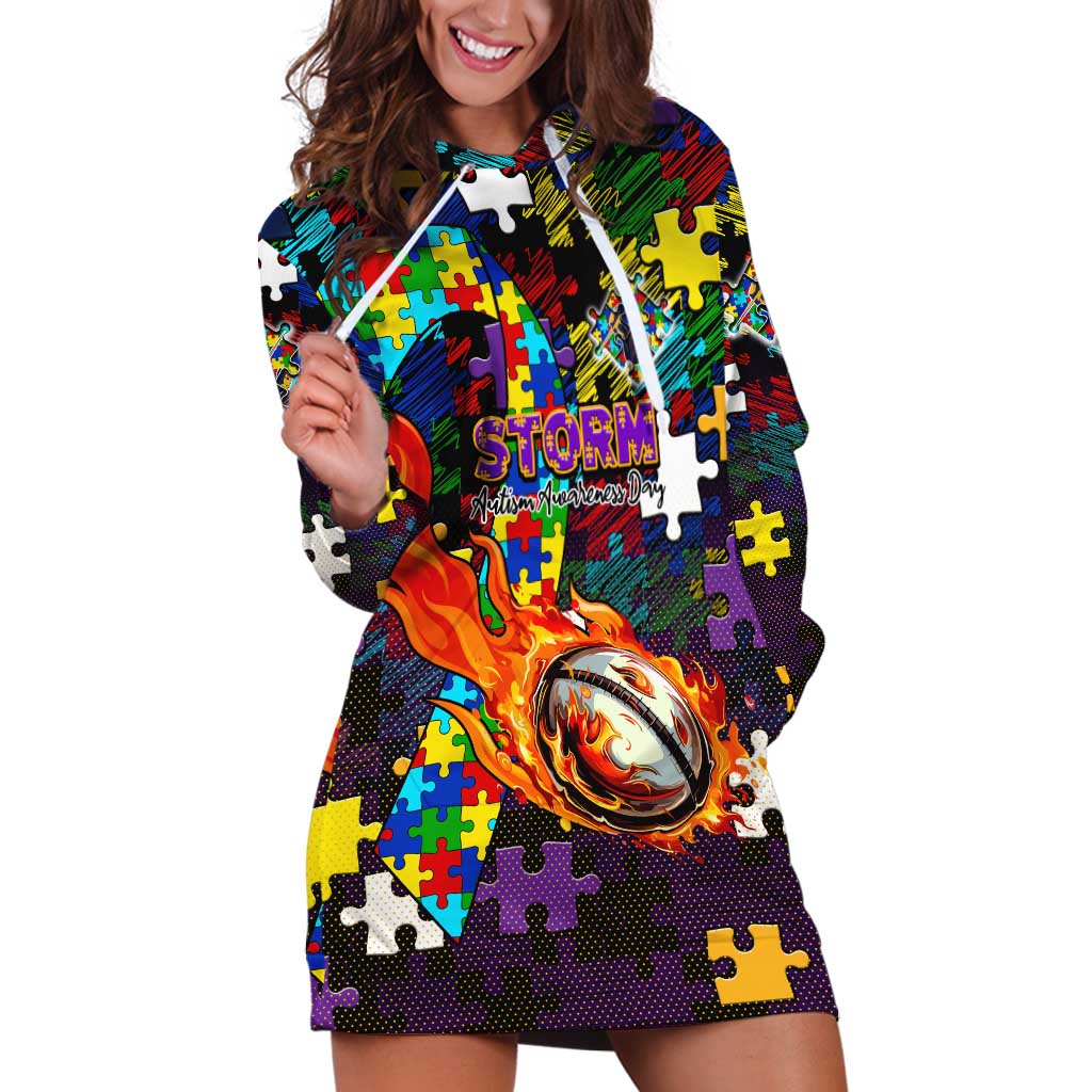 Storm Autism Awareness Hoodie Dress Puzzle Flames Rugby Ball