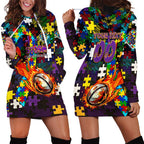 Storm Autism Awareness Hoodie Dress Puzzle Flames Rugby Ball