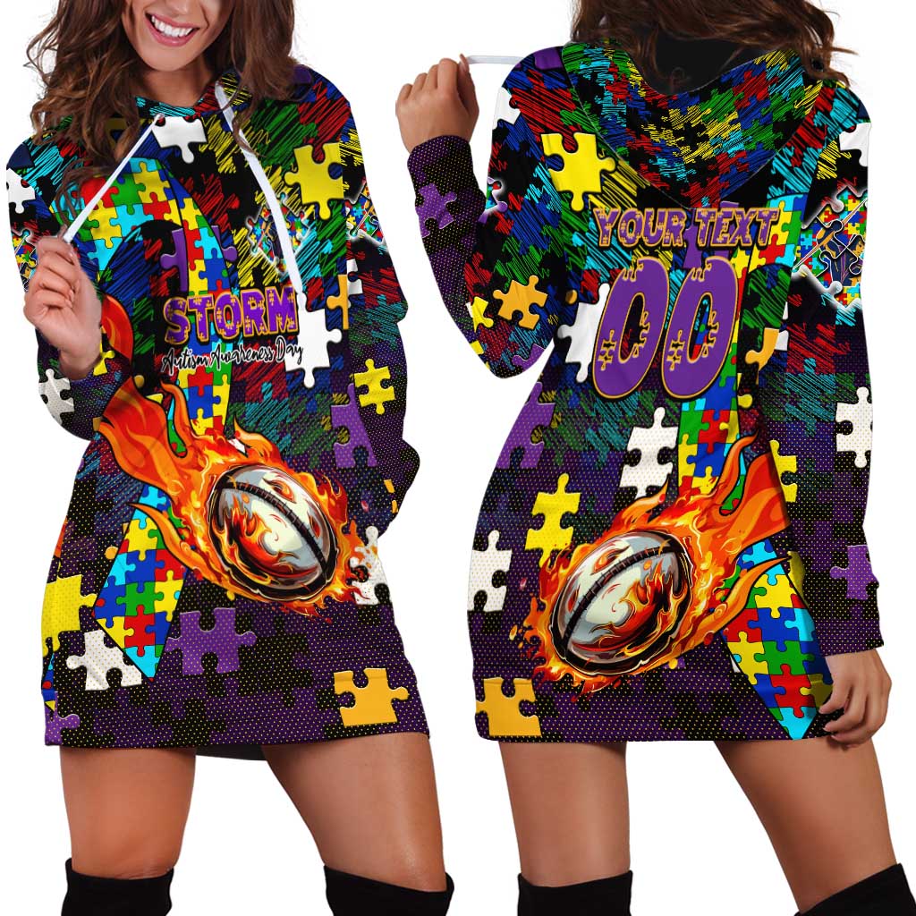 Storm Autism Awareness Hoodie Dress Puzzle Flames Rugby Ball