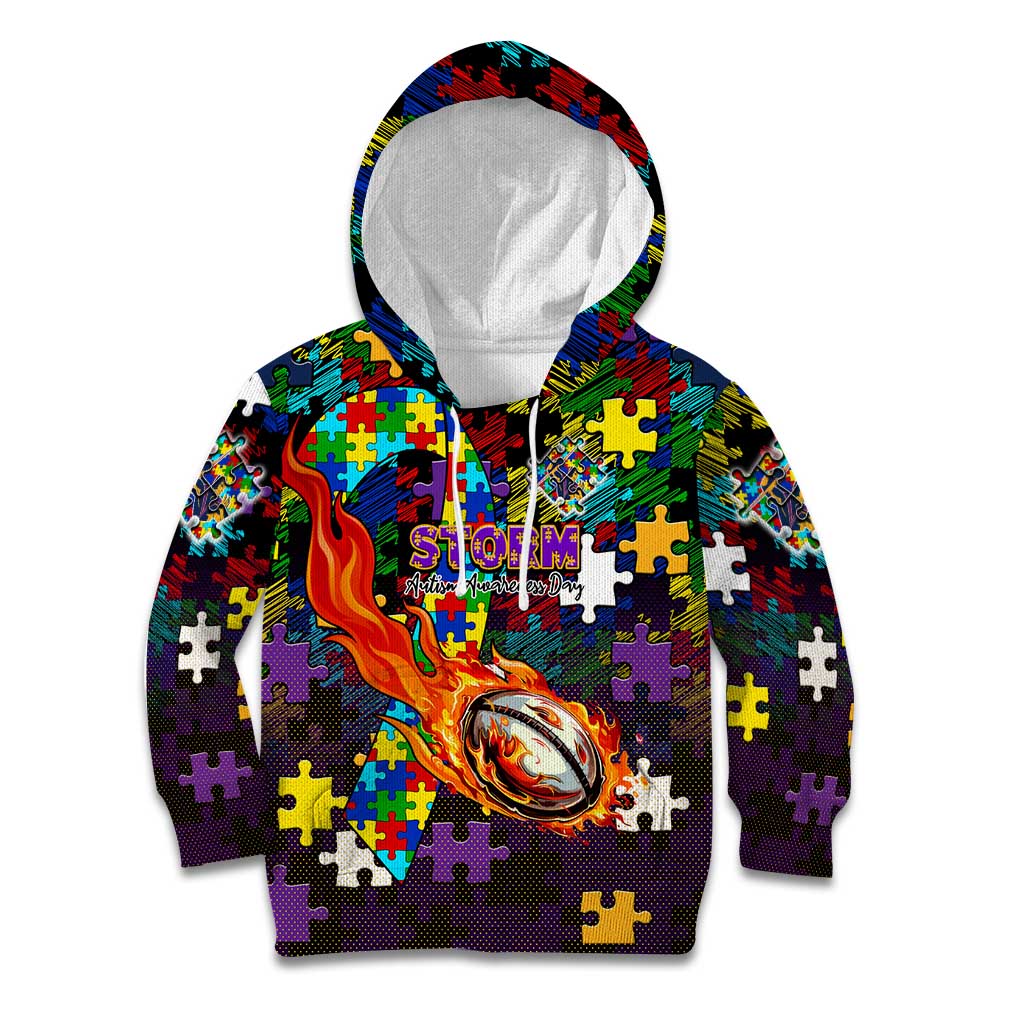 Storm Autism Awareness Kid Hoodie Puzzle Flames Rugby Ball