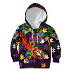 Storm Autism Awareness Kid Hoodie Puzzle Flames Rugby Ball
