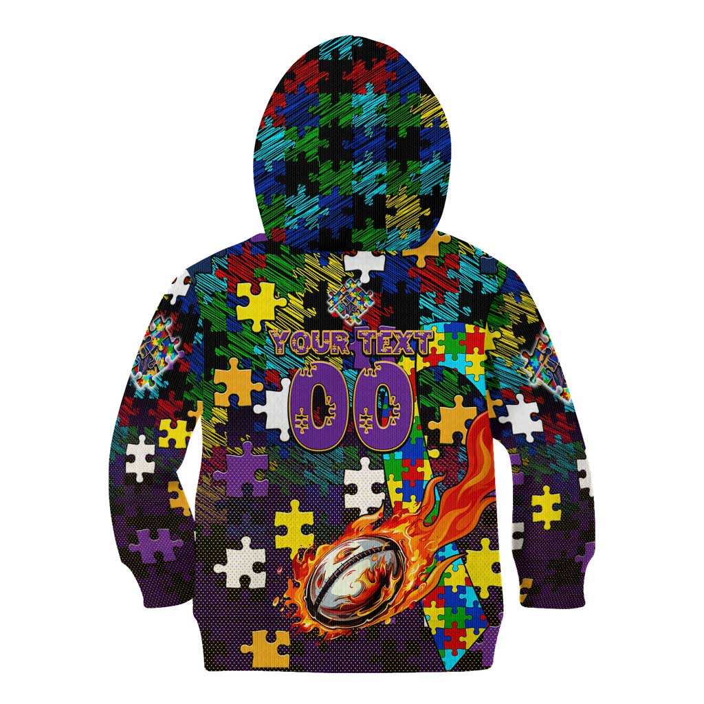 Storm Autism Awareness Kid Hoodie Puzzle Flames Rugby Ball