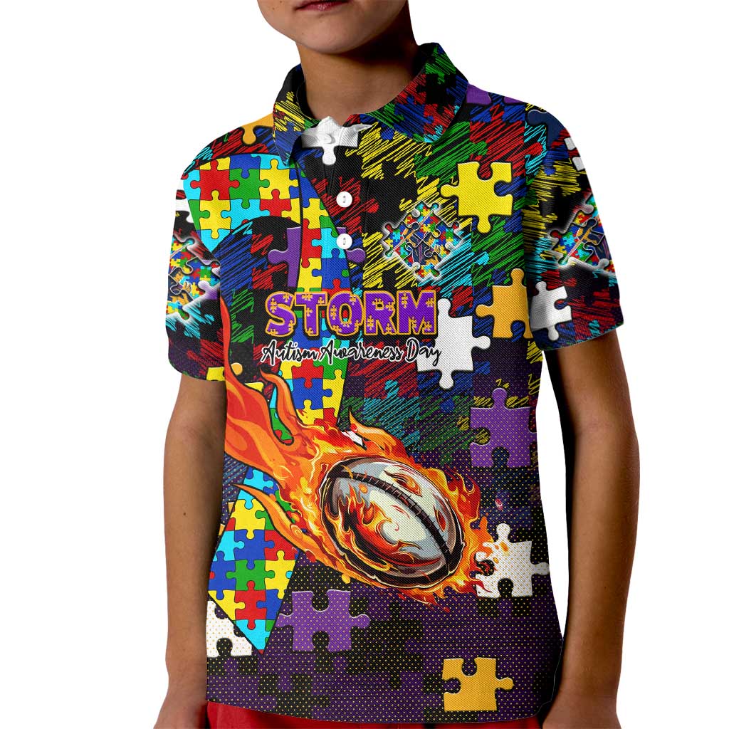 Storm Autism Awareness Kid Polo Shirt Puzzle Flames Rugby Ball