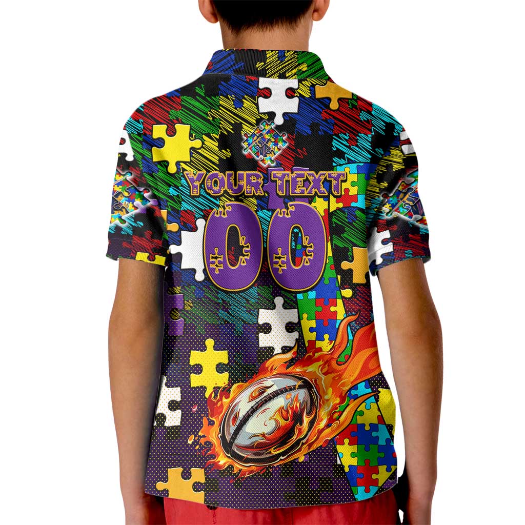 Storm Autism Awareness Kid Polo Shirt Puzzle Flames Rugby Ball