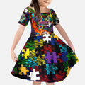 Storm Autism Awareness Kid Short Sleeve Dress Puzzle Flames Rugby Ball