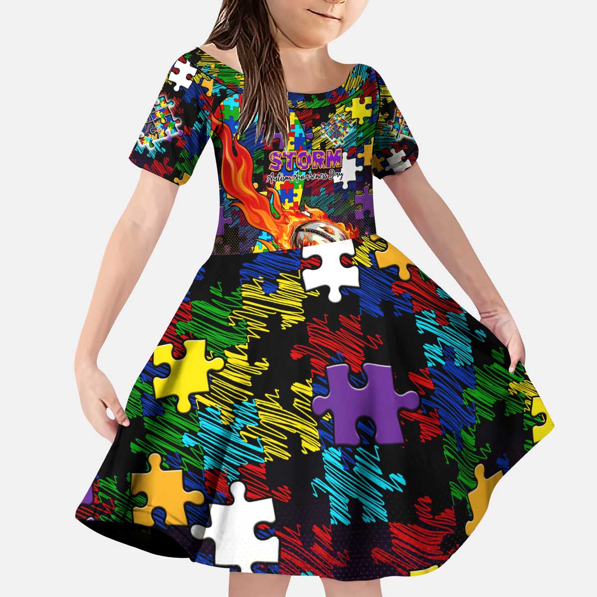 Storm Autism Awareness Kid Short Sleeve Dress Puzzle Flames Rugby Ball