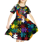 Storm Autism Awareness Kid Short Sleeve Dress Puzzle Flames Rugby Ball