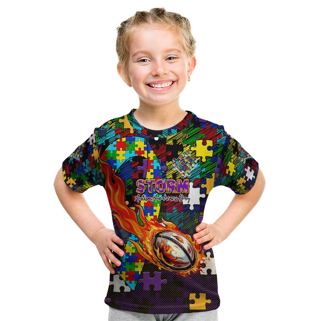 Storm Autism Awareness Kid T Shirt Puzzle Flames Rugby Ball