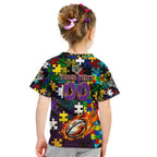 Storm Autism Awareness Kid T Shirt Puzzle Flames Rugby Ball