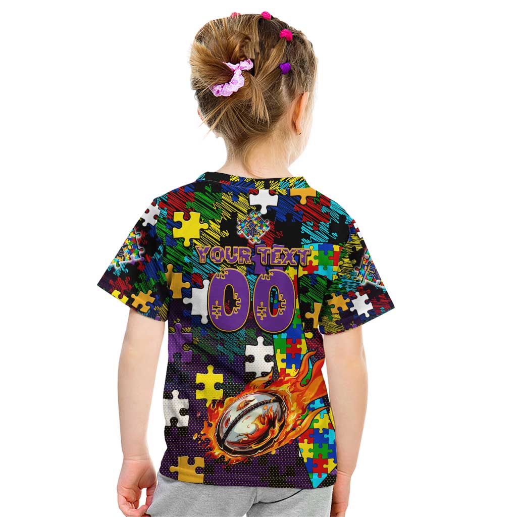Storm Autism Awareness Kid T Shirt Puzzle Flames Rugby Ball
