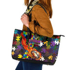 Storm Autism Awareness Leather Tote Bag Puzzle Flames Rugby Ball