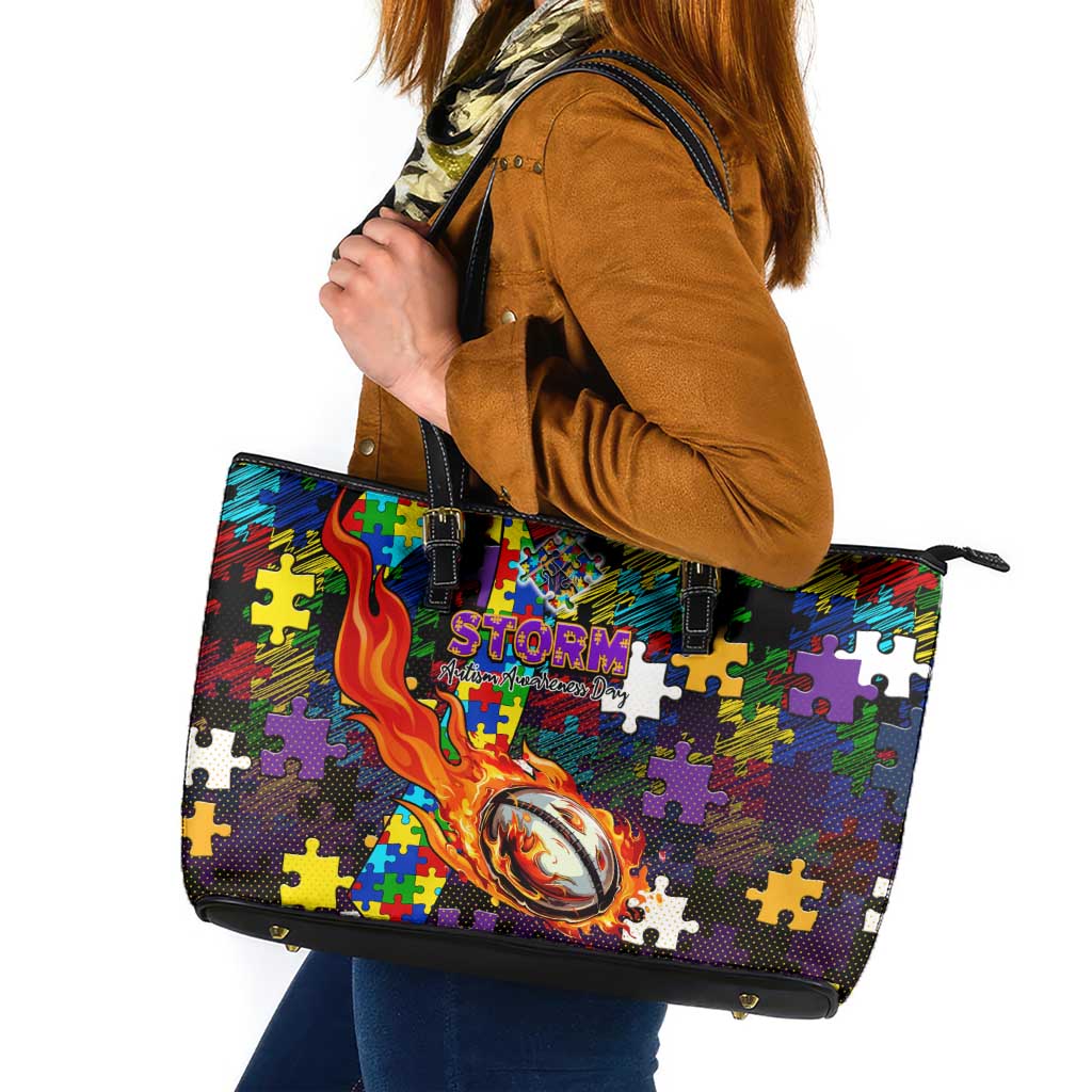 Storm Autism Awareness Leather Tote Bag Puzzle Flames Rugby Ball