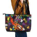 Storm Autism Awareness Leather Tote Bag Puzzle Flames Rugby Ball