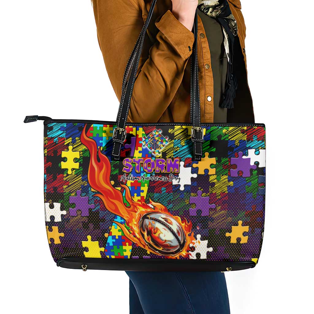 Storm Autism Awareness Leather Tote Bag Puzzle Flames Rugby Ball