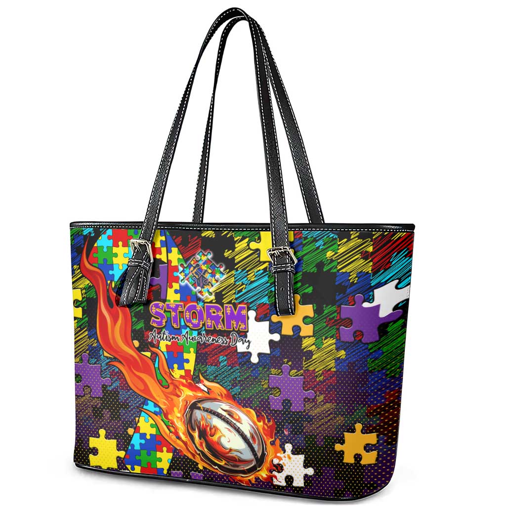 Storm Autism Awareness Leather Tote Bag Puzzle Flames Rugby Ball
