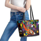 Storm Autism Awareness Leather Tote Bag Puzzle Flames Rugby Ball