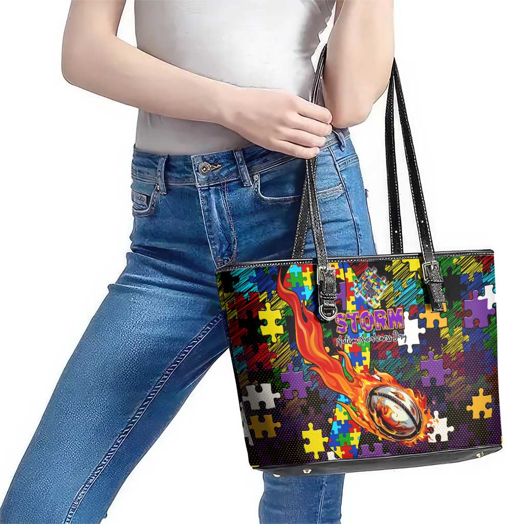 Storm Autism Awareness Leather Tote Bag Puzzle Flames Rugby Ball