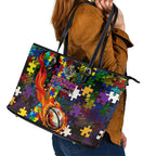 Storm Autism Awareness Leather Tote Bag Puzzle Flames Rugby Ball