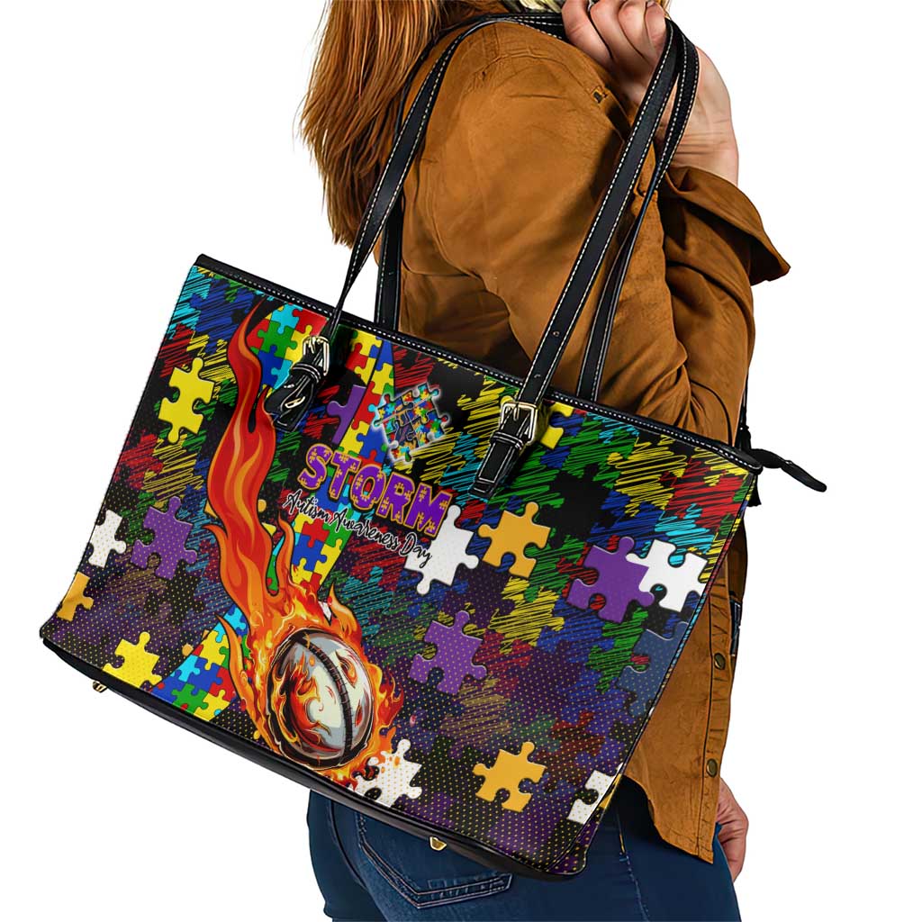 Storm Autism Awareness Leather Tote Bag Puzzle Flames Rugby Ball