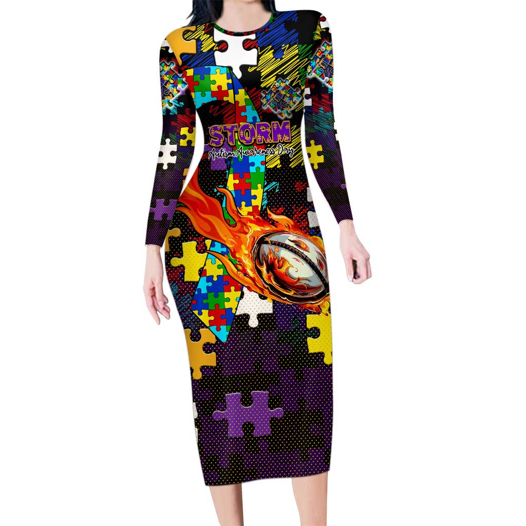 Storm Autism Awareness Long Sleeve Bodycon Dress Puzzle Flames Rugby Ball