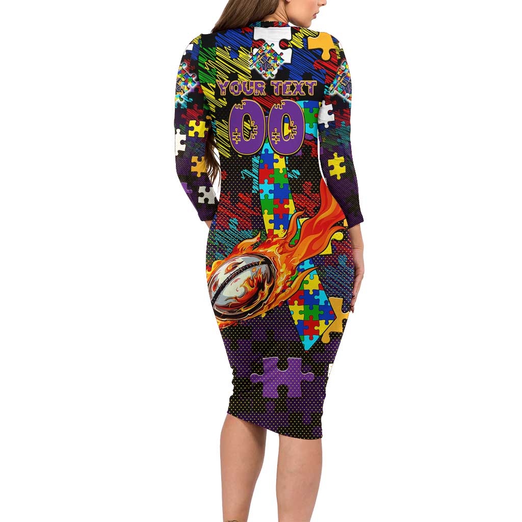 Storm Autism Awareness Long Sleeve Bodycon Dress Puzzle Flames Rugby Ball