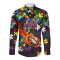 Storm Autism Awareness Long Sleeve Button Shirt Puzzle Flames Rugby Ball