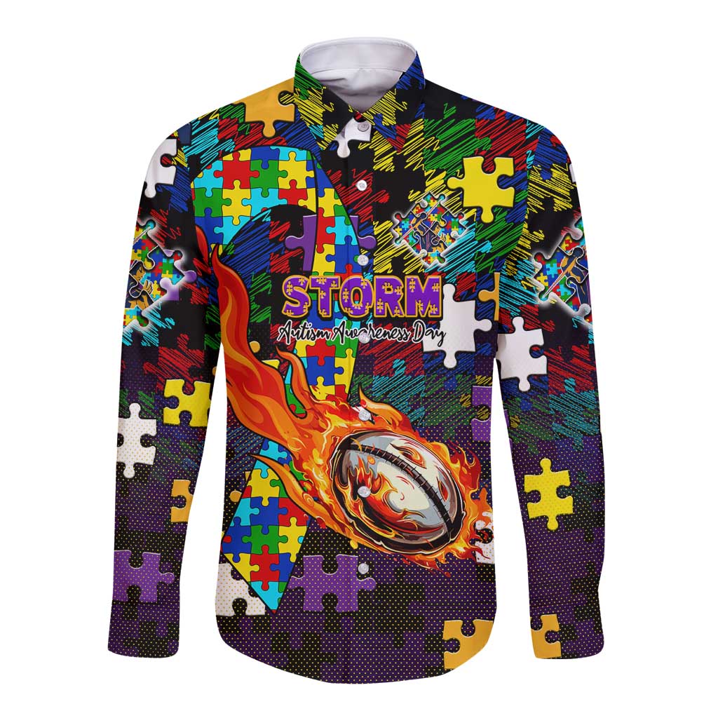 Storm Autism Awareness Long Sleeve Button Shirt Puzzle Flames Rugby Ball