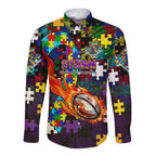Storm Autism Awareness Long Sleeve Button Shirt Puzzle Flames Rugby Ball