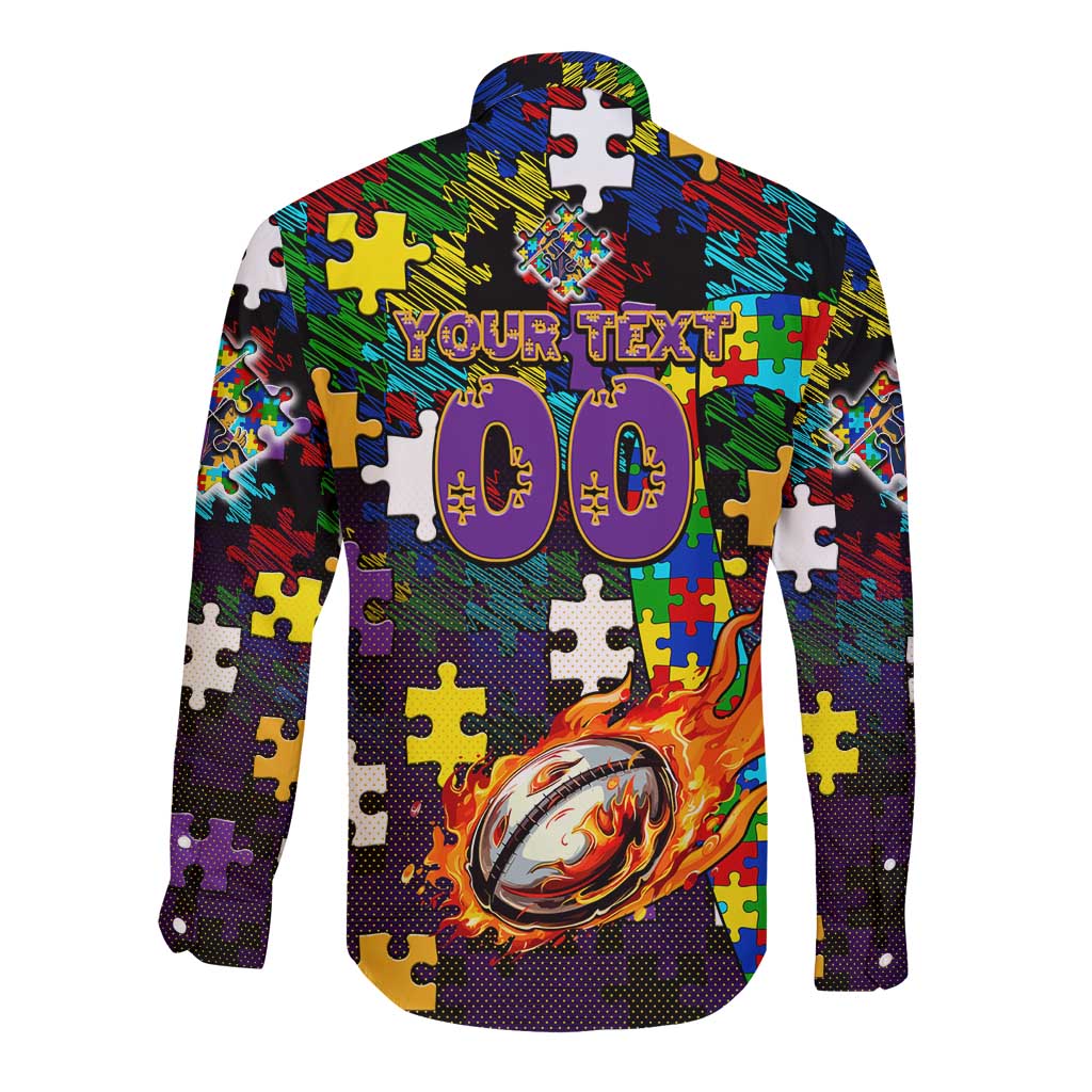Storm Autism Awareness Long Sleeve Button Shirt Puzzle Flames Rugby Ball
